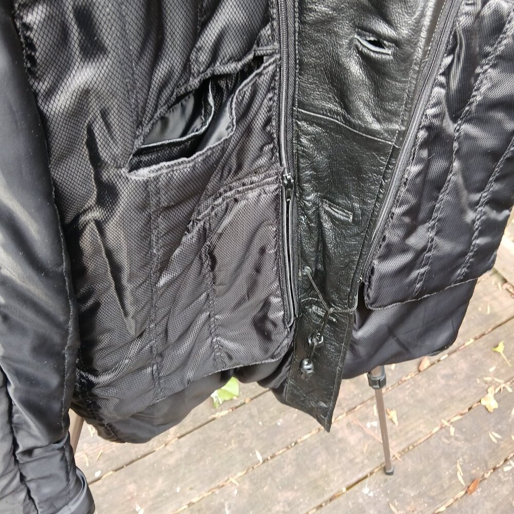 Vintage 90's Black Leather Warm Double Lined Car Coat Many Pockets & Details SzL - Picture 14 of 16